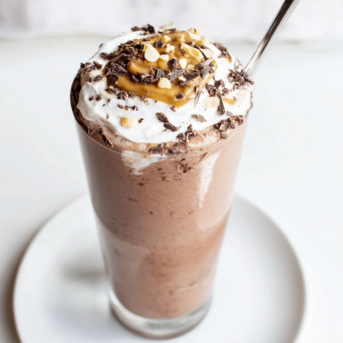 Velvety Chocolate Peanut Butter Smoothie served cold for breakfast with banana.