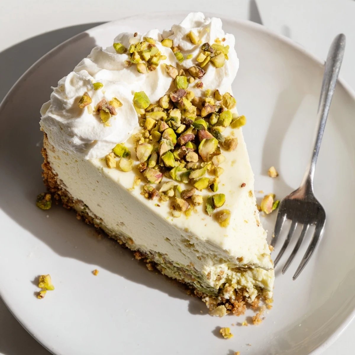 Creamy pistachio cheesecake slice with green nut speckles and golden graham cracker crust