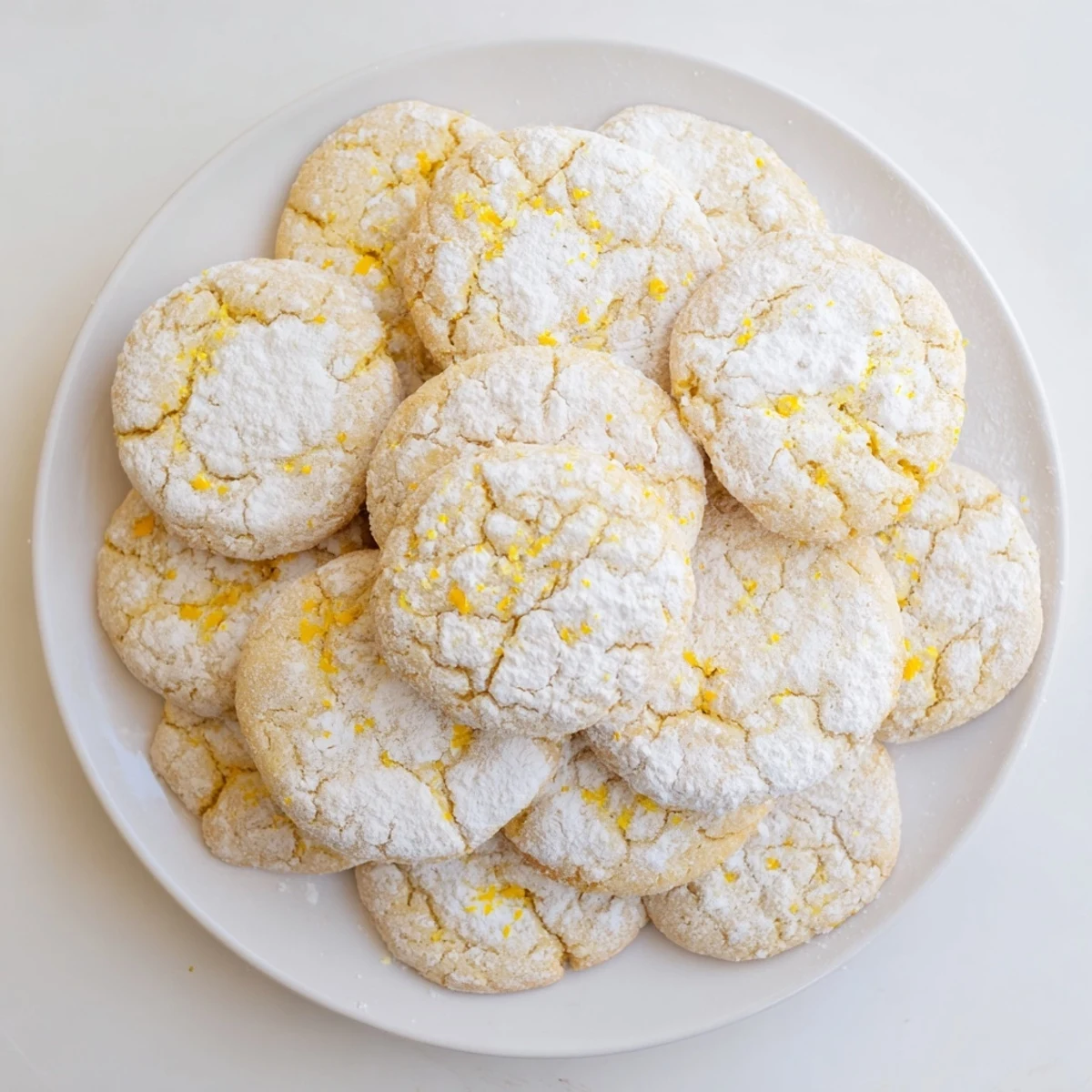 Soft chewy lemon cookies dusted with powdered sugar on a white plate