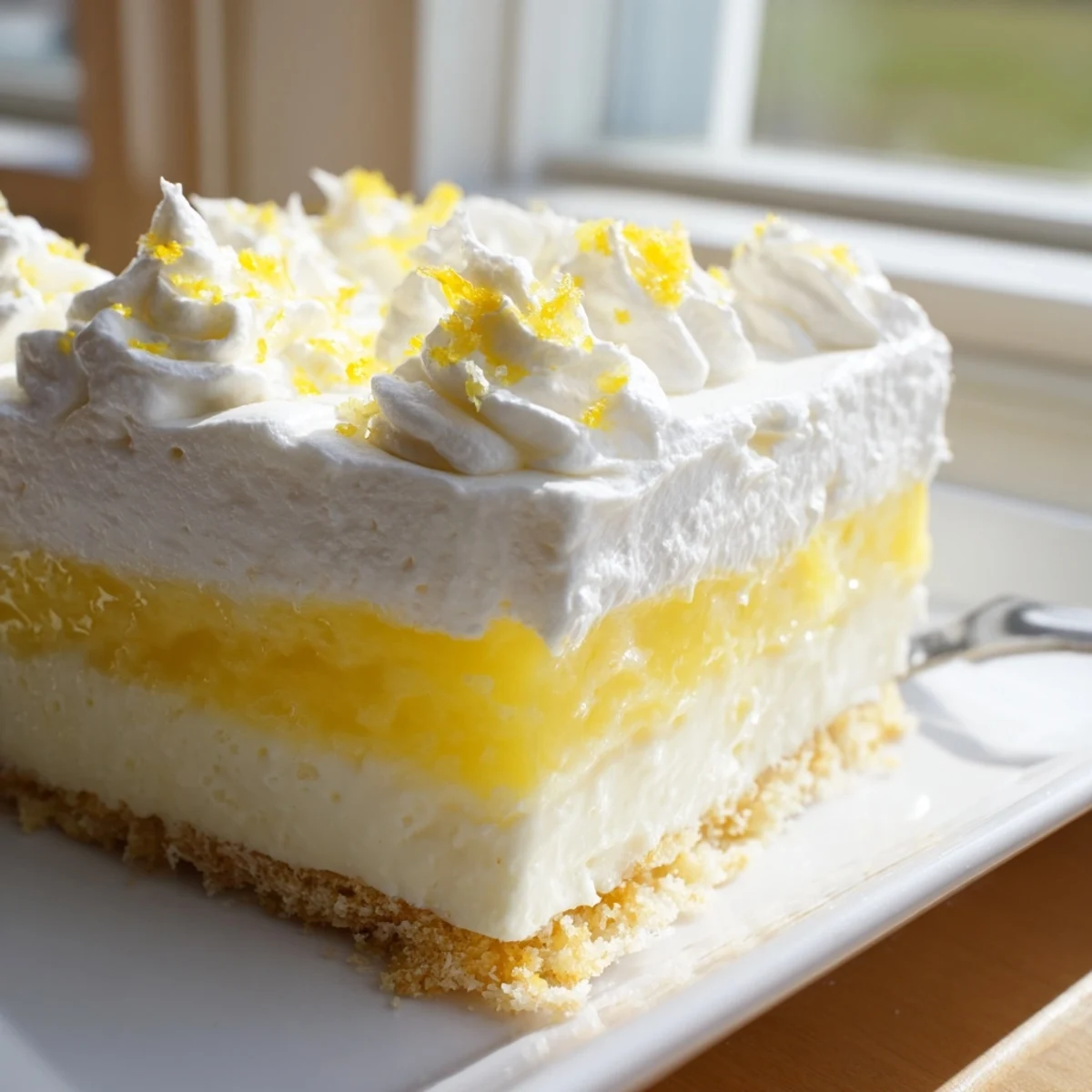 Lemon Lush Cake with three distinct layers on a white serving plate, garnished with bright yellow zest