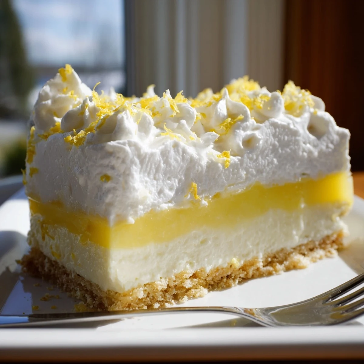 Freshly chilled Lemon Lush Cake dessert with vibrant lemon zest sprinkled over pillowy whipped cream layer