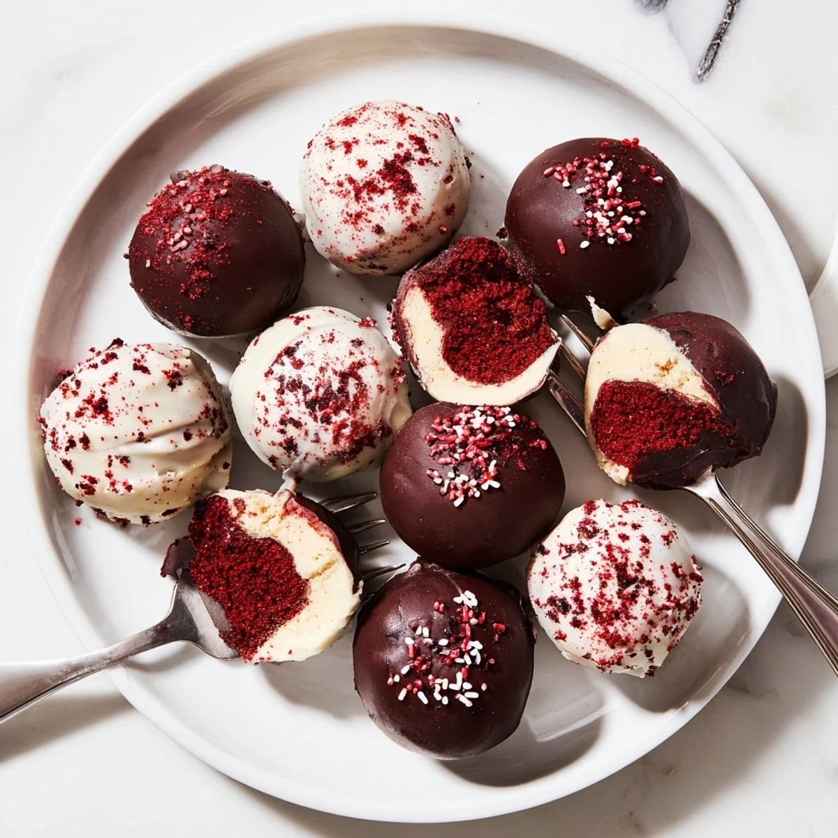Bite-sized red velvet cheesecake balls coated in melted chocolate with colorful sprinkles on top