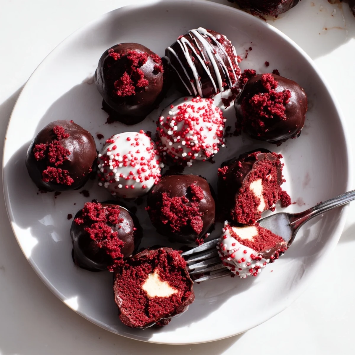 Handheld red velvet cheesecake balls arranged on white plate with festive red and white sprinkles