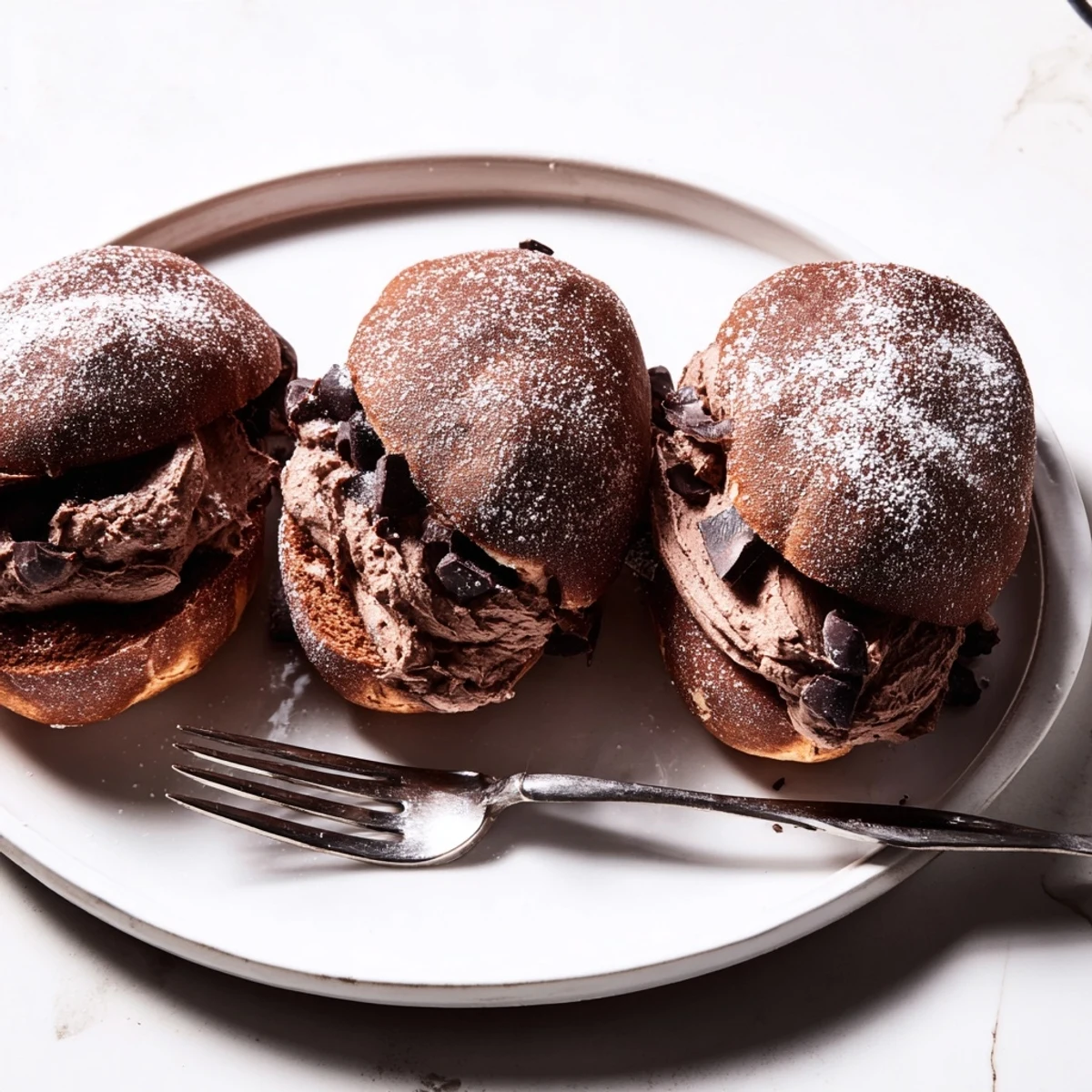 Italian Chocolate Maritozzi buns split open and overflowing with rich chocolate whipped cream on a rustic wooden board