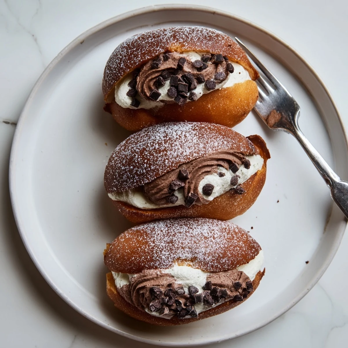 Golden-brown Italian Chocolate Maritozzi nestled on parchment paper dusted with powdered sugar and cocoa